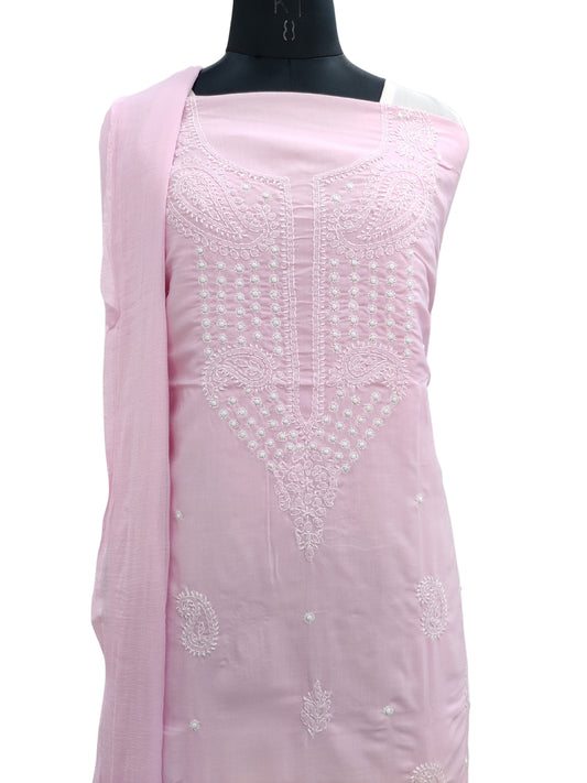 Shyamal Chikan Hand Embroidered Pink Cotton Lucknowi Chikankari Unstitched Suit Piece - S24199