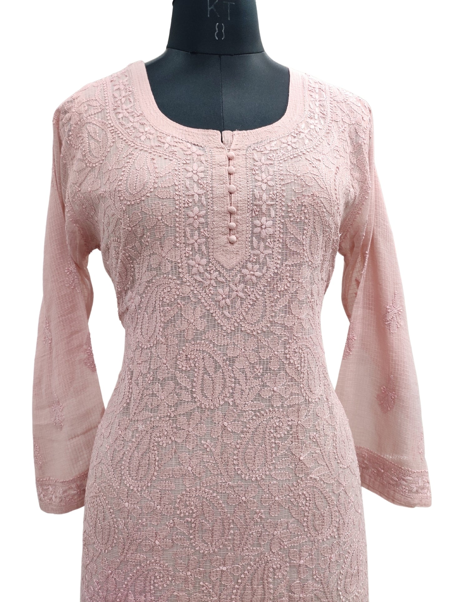 Shyamal Chikan Hand Embroidered Peachish Brown Kota Doria Lucknowi Chikankari Short Top -23253