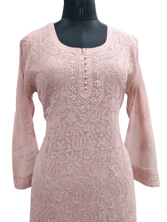 Shyamal Chikan Hand Embroidered Peachish Brown Kota Doria Lucknowi Chikankari Short Top -23253