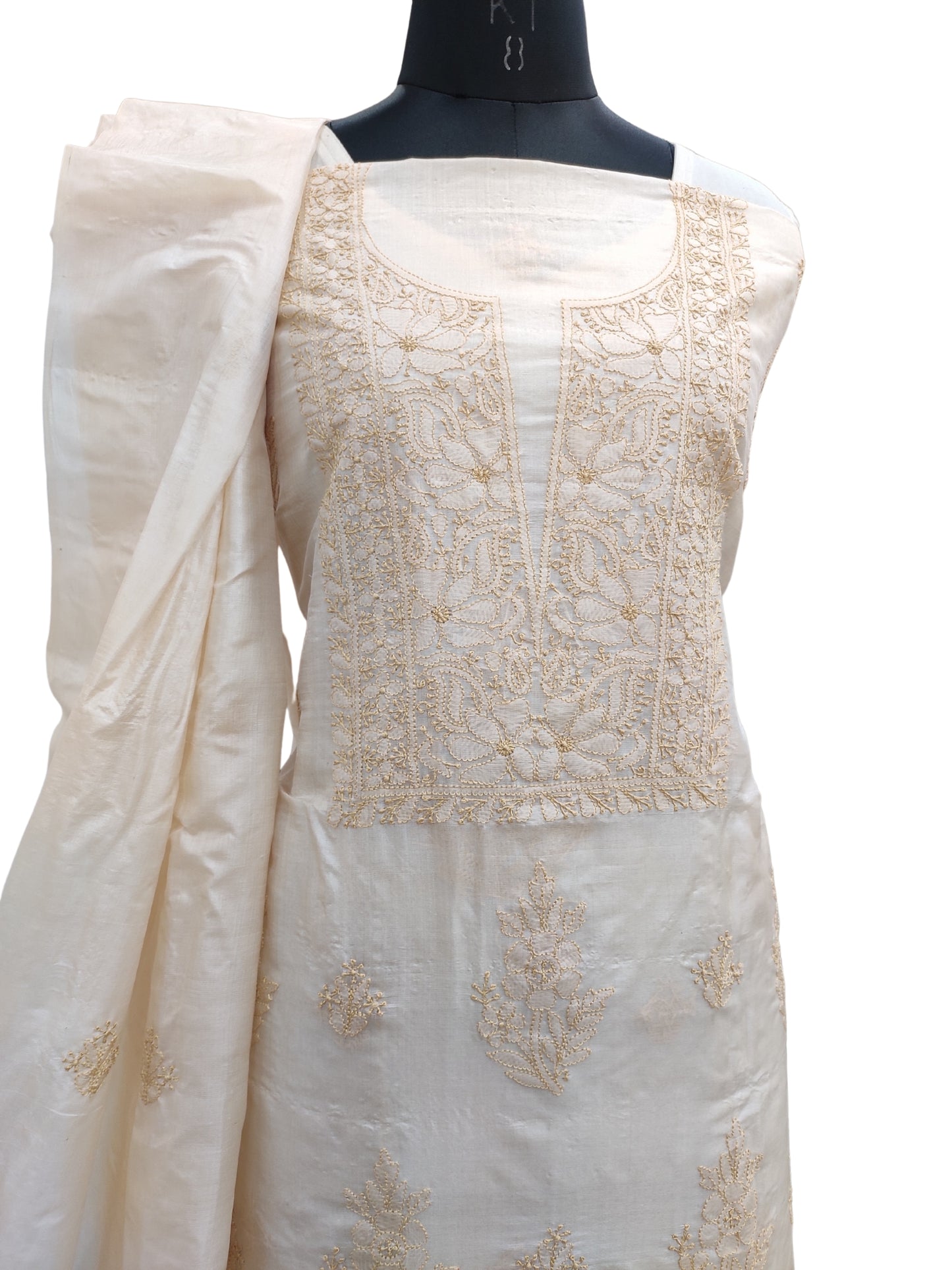Shyamal Chikan Hand Embroidered Beige Pure Tusser Silk Lucknowi Chikankari Unstitched Suit Piece (Kurta Dupatta Set) - S21372