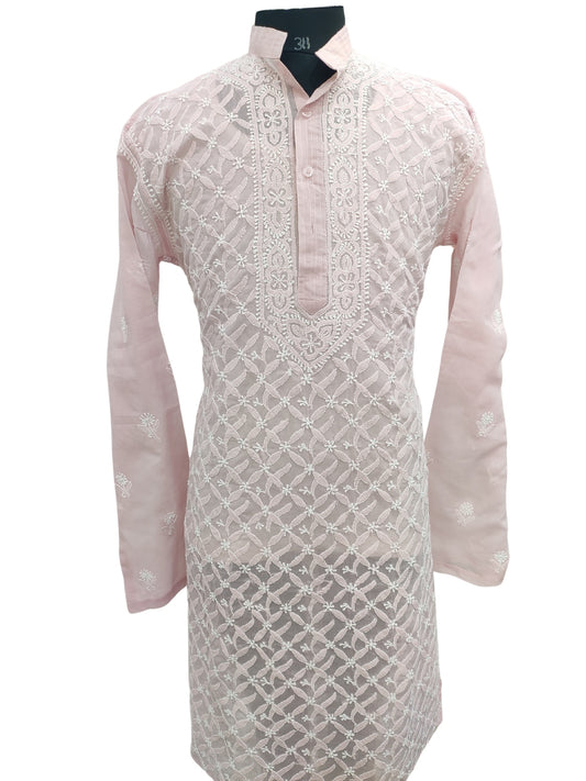 Shyamal Chikan Hand Embroidered Pink Cotton Lucknowi Chikankari Men's Kurta –S21647