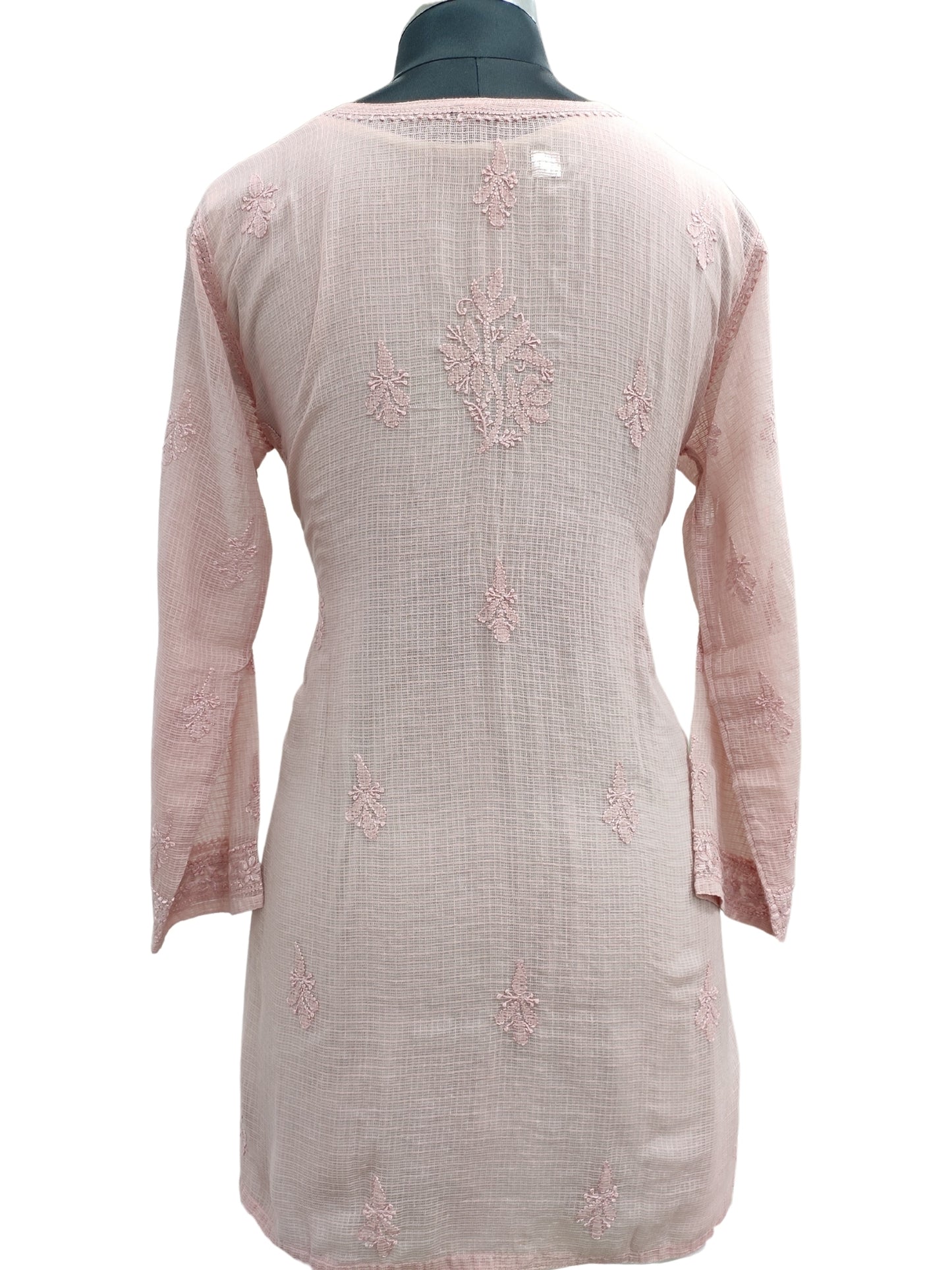 Shyamal Chikan Hand Embroidered Peachish Brown Kota Doria Lucknowi Chikankari Short Top -23253