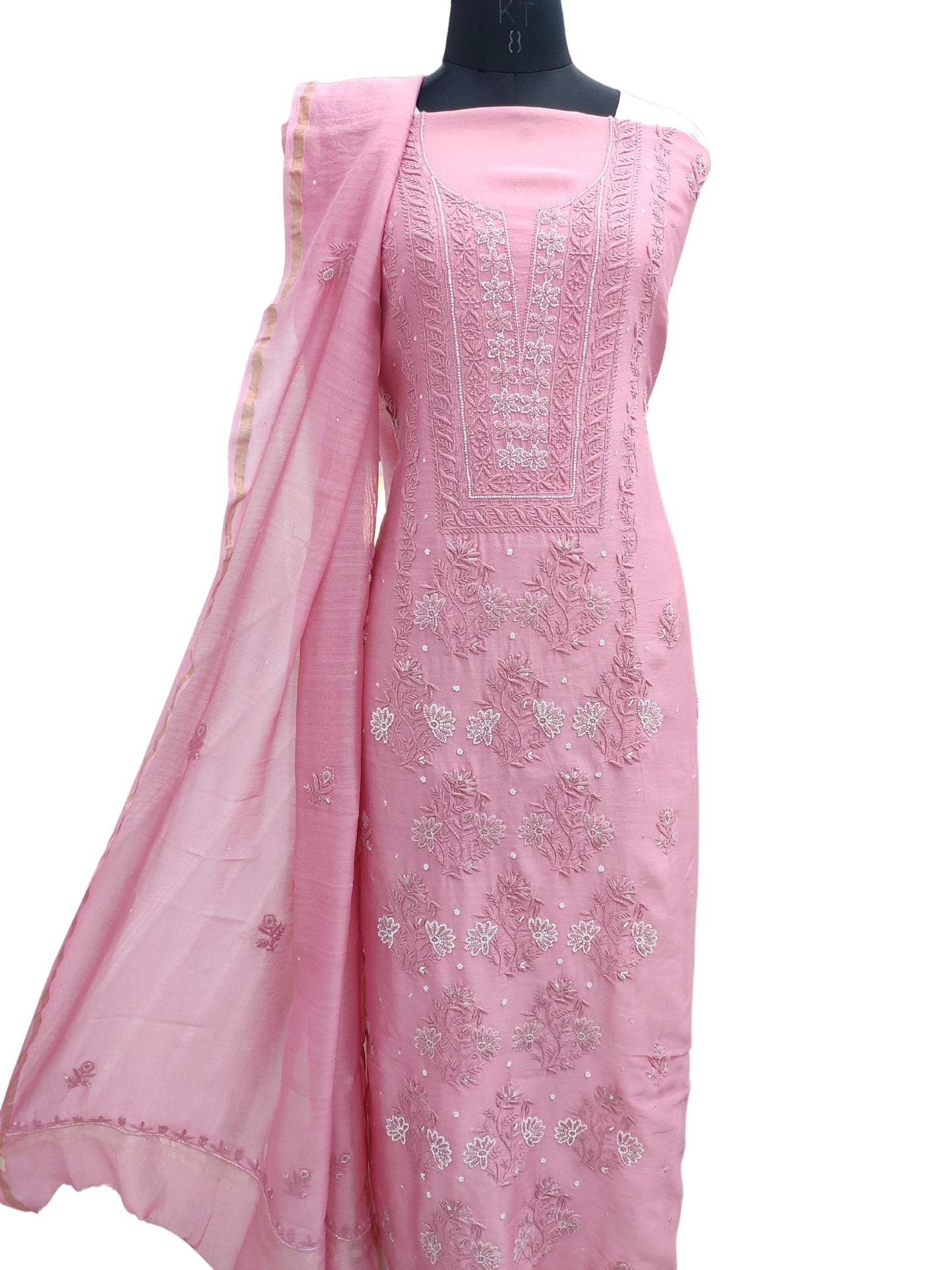 Shyamal Chikan Hand Embroidered Pink Chanderi Lucknowi Chikankari Unstitched Suit Piece with Pearl & Sequin Work (Kurta Dupatta Set) - S20075