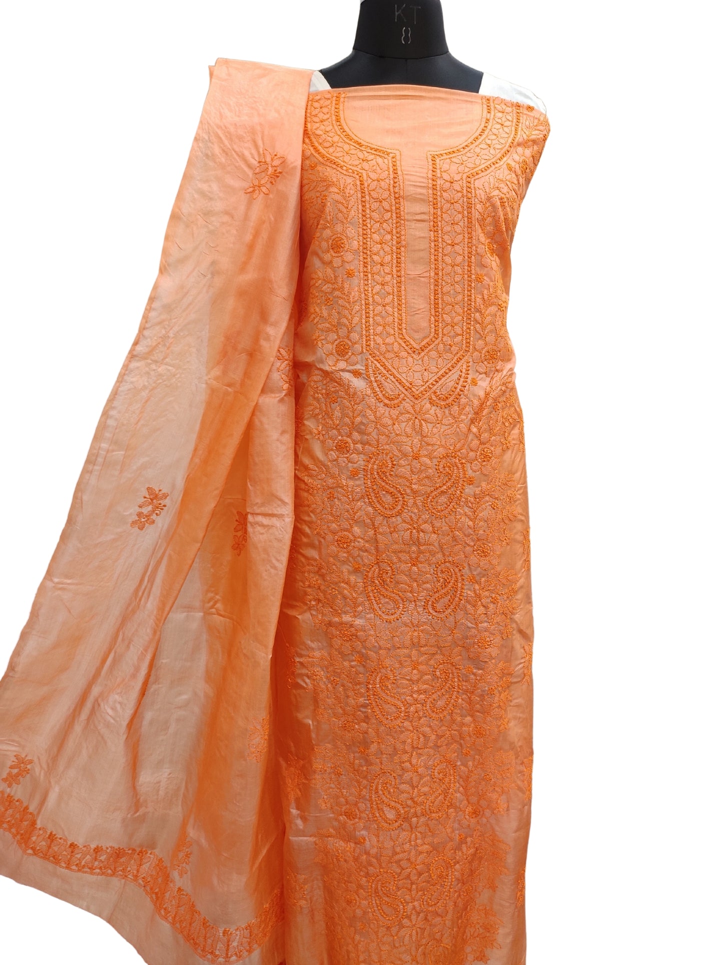 Shyamal Chikan Hand Embroidered Orange Pure Tusser Silk Lucknowi Chikankari Unstitched Suit Piece (Kurta Dupatta Set) - S21370