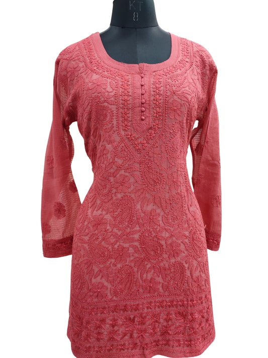 Shyamal Chikan Hand Embroidered Red Kota Doria Lucknowi Chikankari Short Top -23256