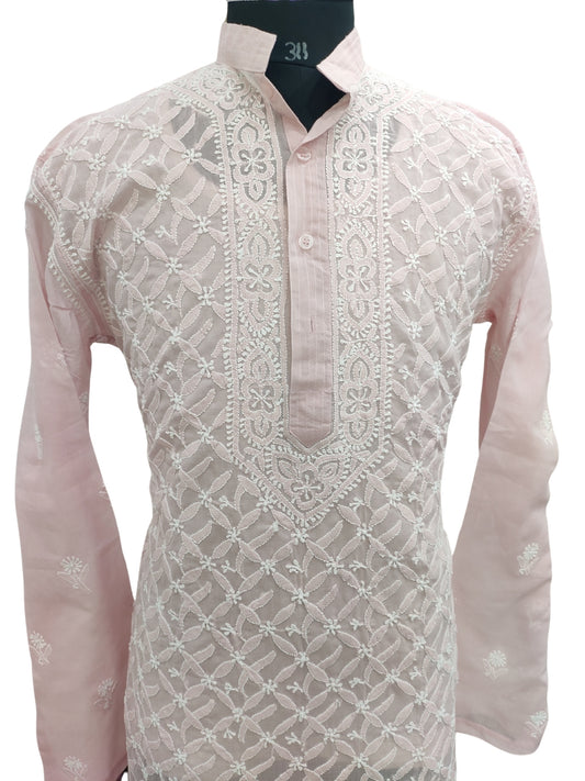 Shyamal Chikan Hand Embroidered Pink Cotton Lucknowi Chikankari Men's Kurta –S21647