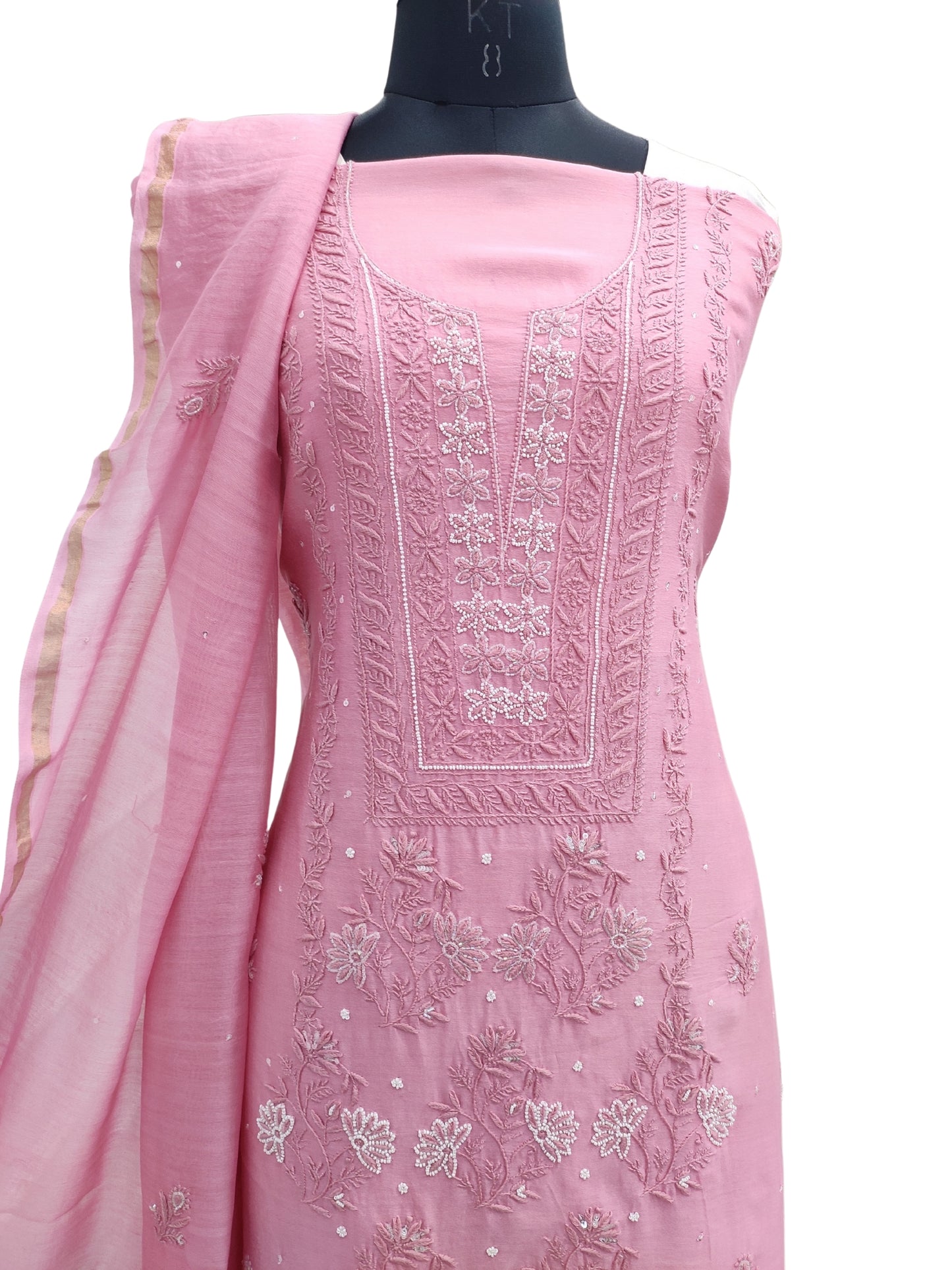 Shyamal Chikan Hand Embroidered Pink Chanderi Lucknowi Chikankari Unstitched Suit Piece with Pearl & Sequin Work (Kurta Dupatta Set) - S20075