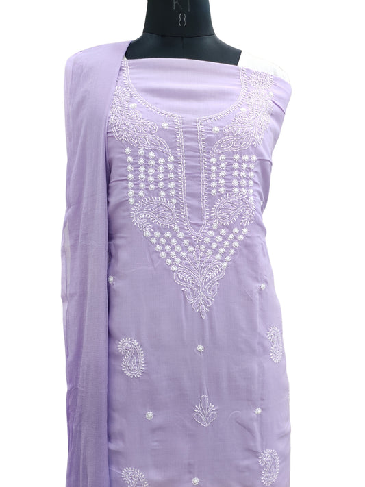 Shyamal Chikan Hand Embroidered Lavender Cotton Lucknowi Chikankari Unstitched Suit Piece - S24205