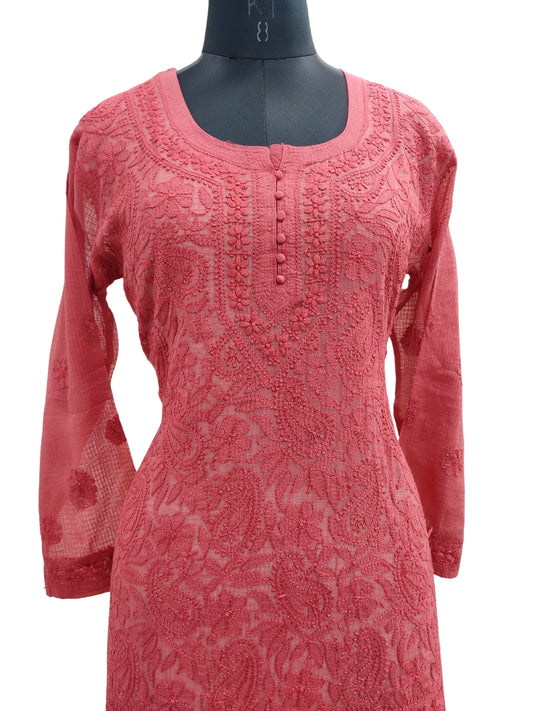 Shyamal Chikan Hand Embroidered Red Kota Doria Lucknowi Chikankari Short Top -23256