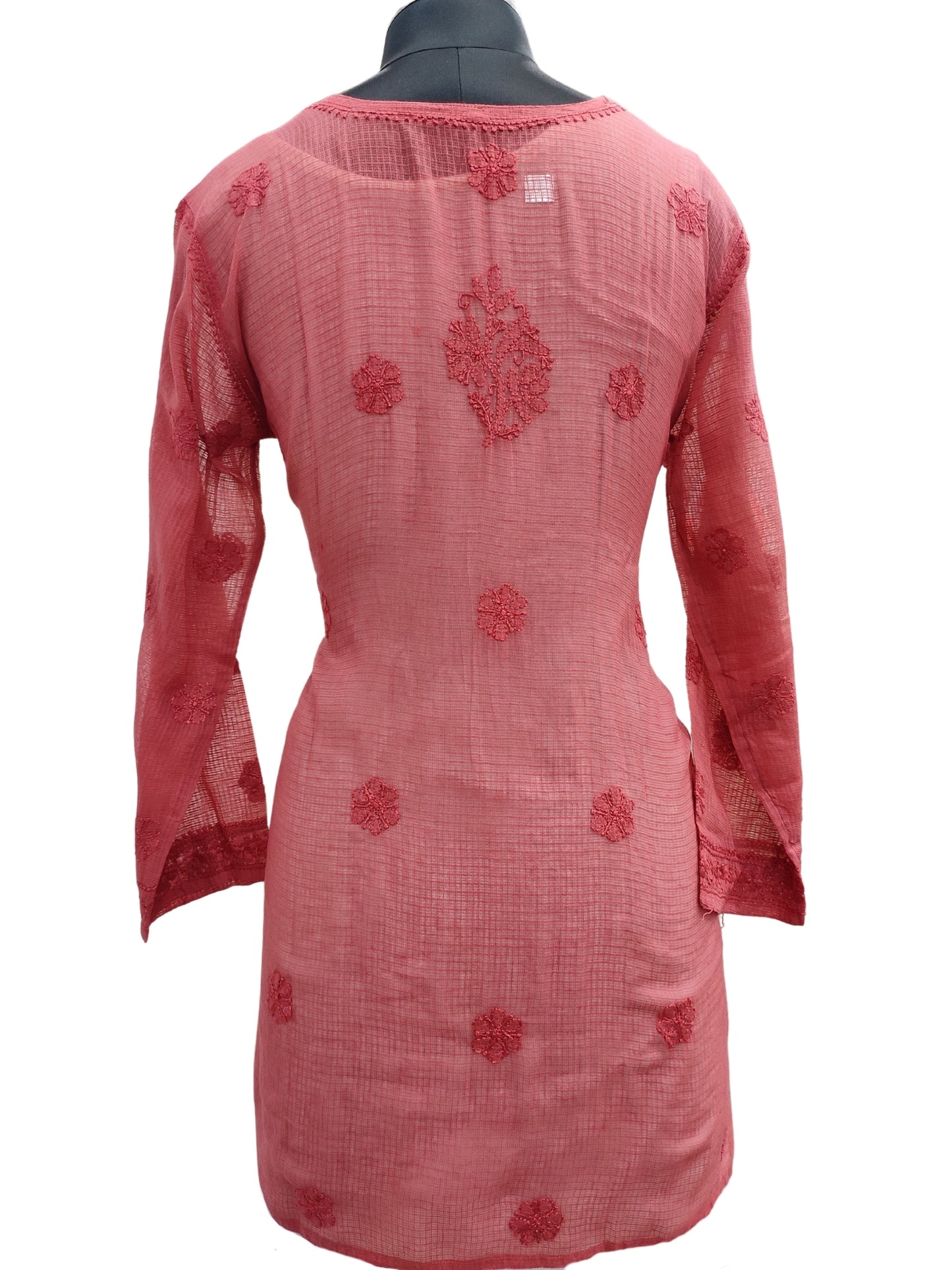 Shyamal Chikan Hand Embroidered Red Kota Doria Lucknowi Chikankari Short Top -23256