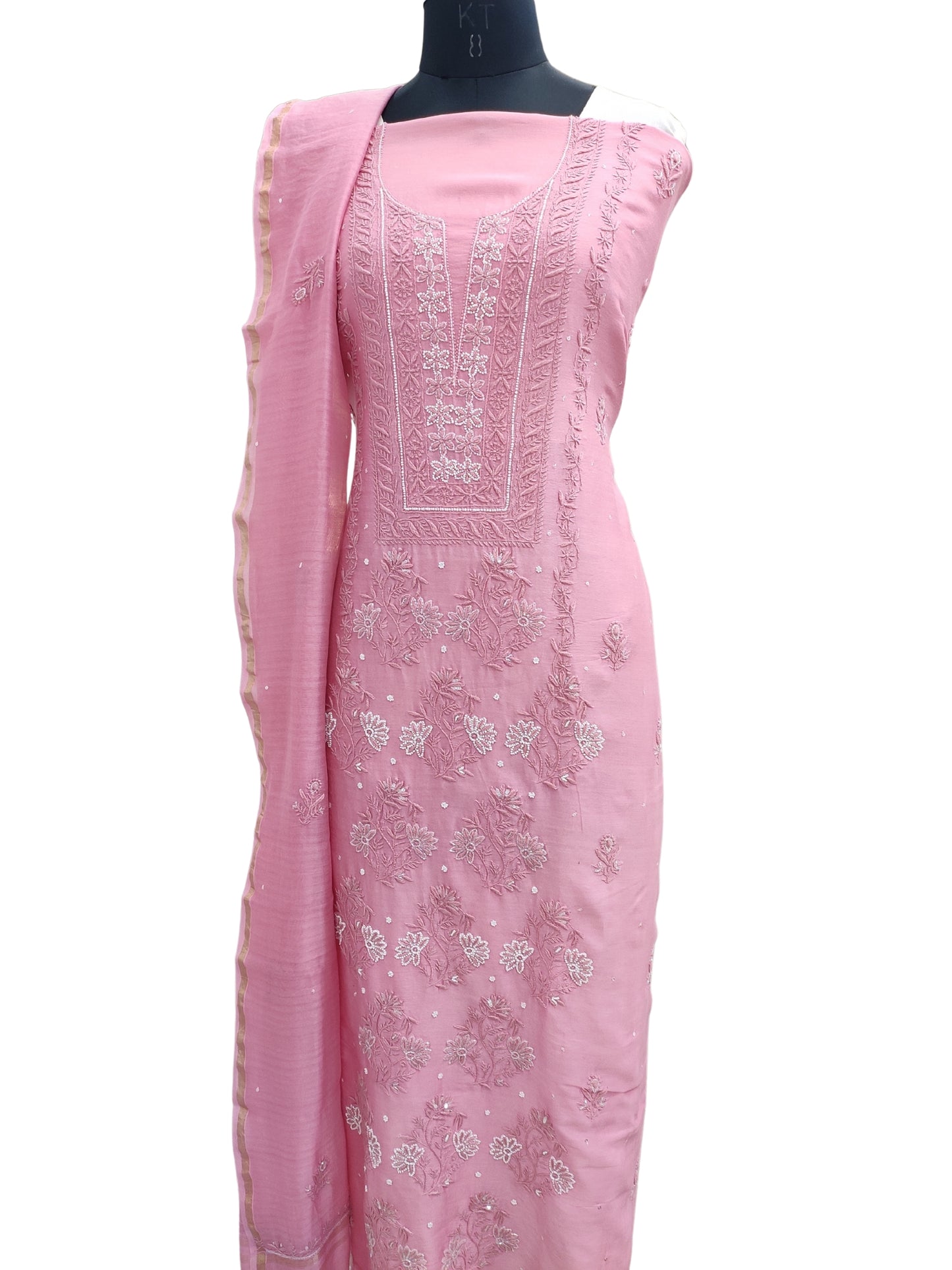Shyamal Chikan Hand Embroidered Pink Chanderi Lucknowi Chikankari Unstitched Suit Piece with Pearl & Sequin Work (Kurta Dupatta Set) - S20075
