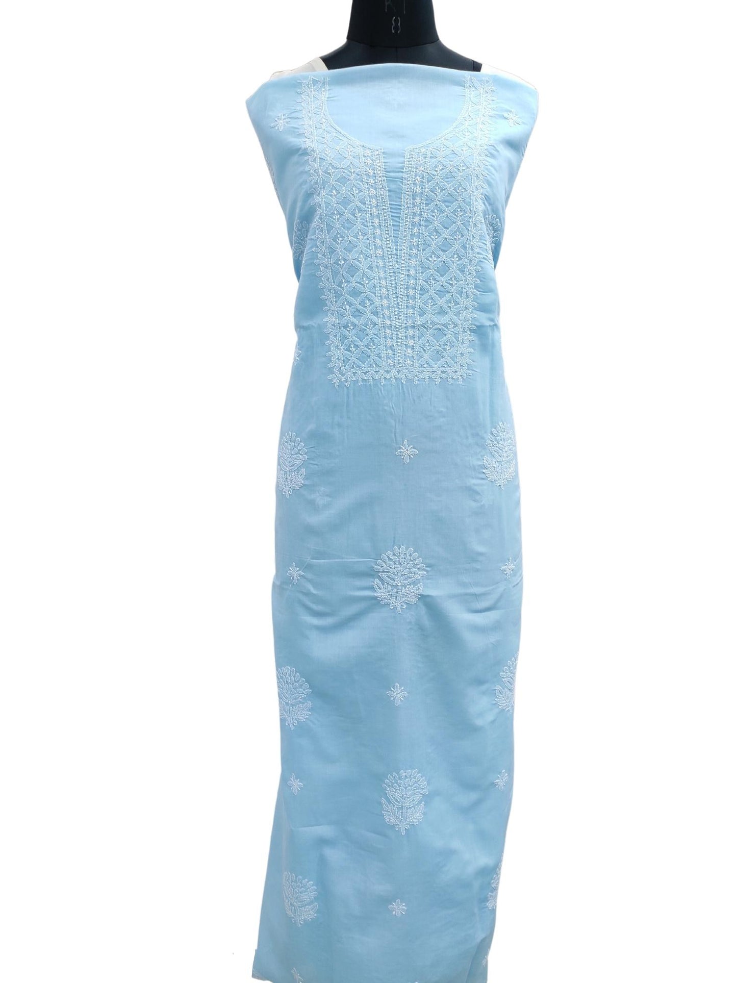 Shyamal Chikan Hand Embroidered Blue Cotton Lucknowi Chikankari Unstitched Kurta Piece - S18989
