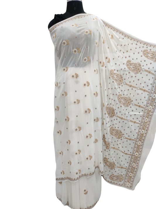 Shyamal Chikan Hand Embroidered White Pure Georgette Lucknowi Chikankari Saree With Blouse Piece - S22432