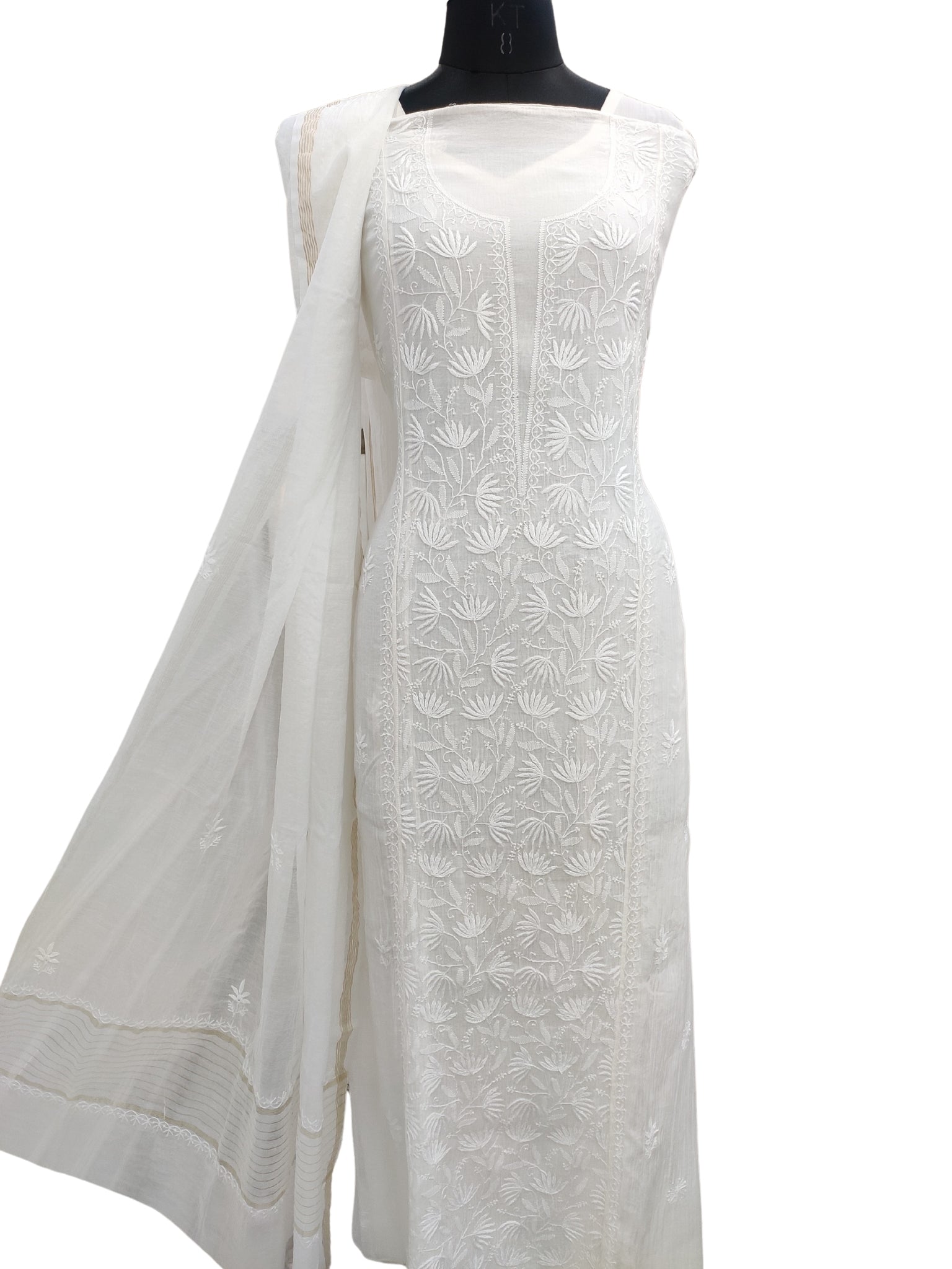 Shyamal Chikan Hand Embroidered White Mul Chanderi Lucknowi Chikankari semi stitched Suit Piece (Kurta Dupatta Set) - 23983