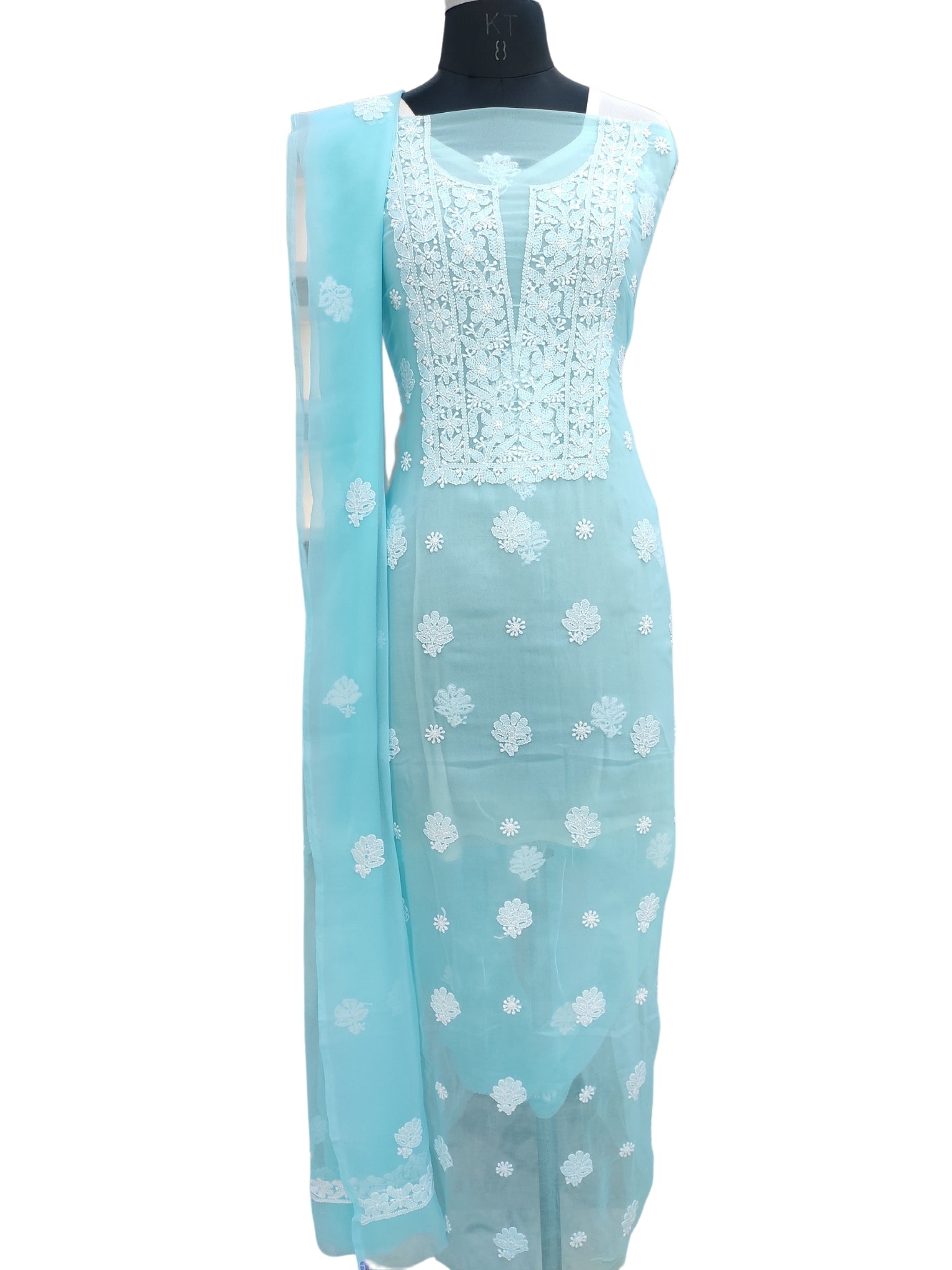 Shyamal Chikan Hand Embroidered Blue Georgette Lucknowi Chikankari Unstitched Suit Piece - 24028