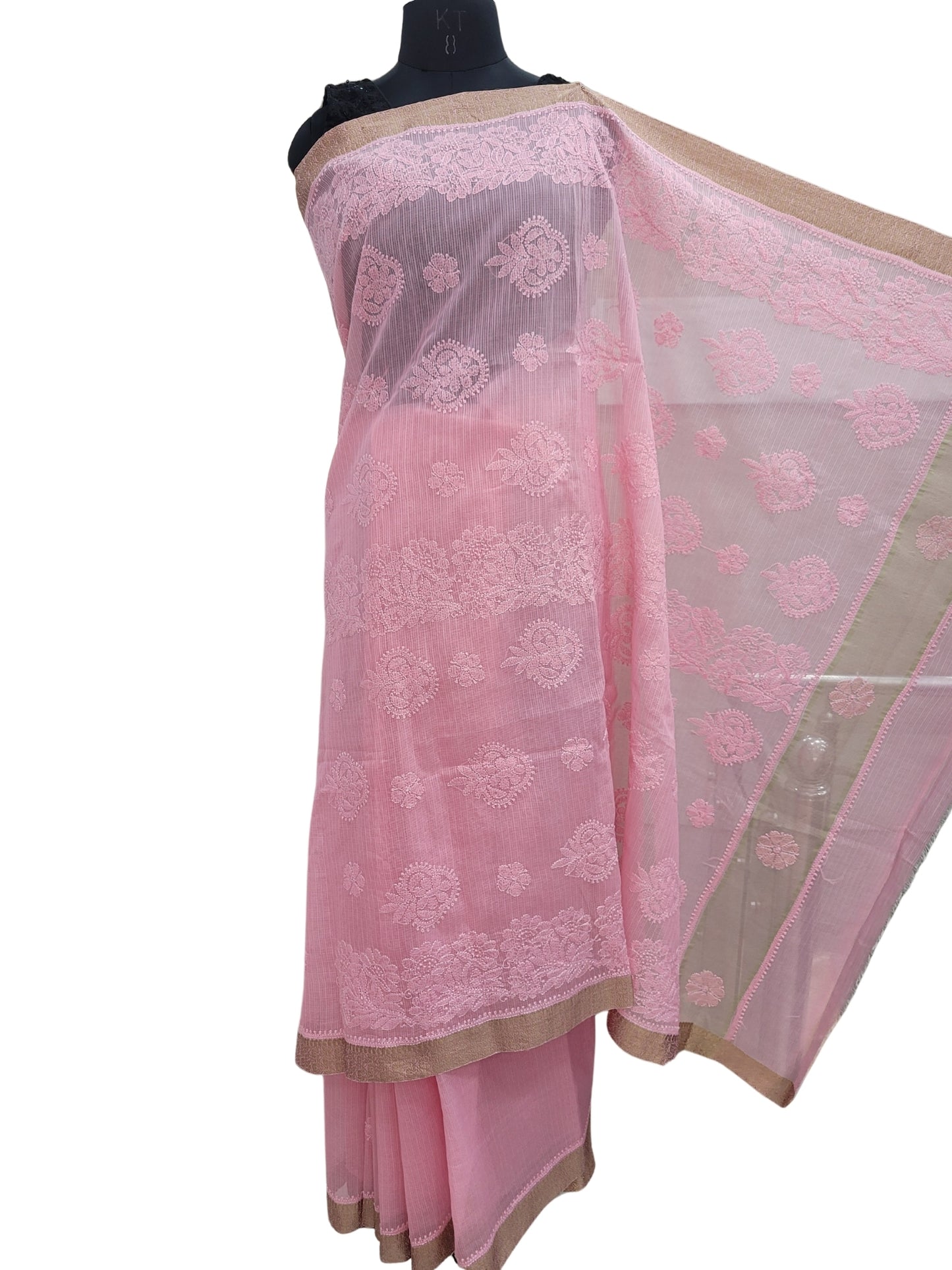 Shyamal Chikan Hand Embroidered Pink Tissue Lenin Lucknowi Chikankari Saree With Blouse Piece - S24353