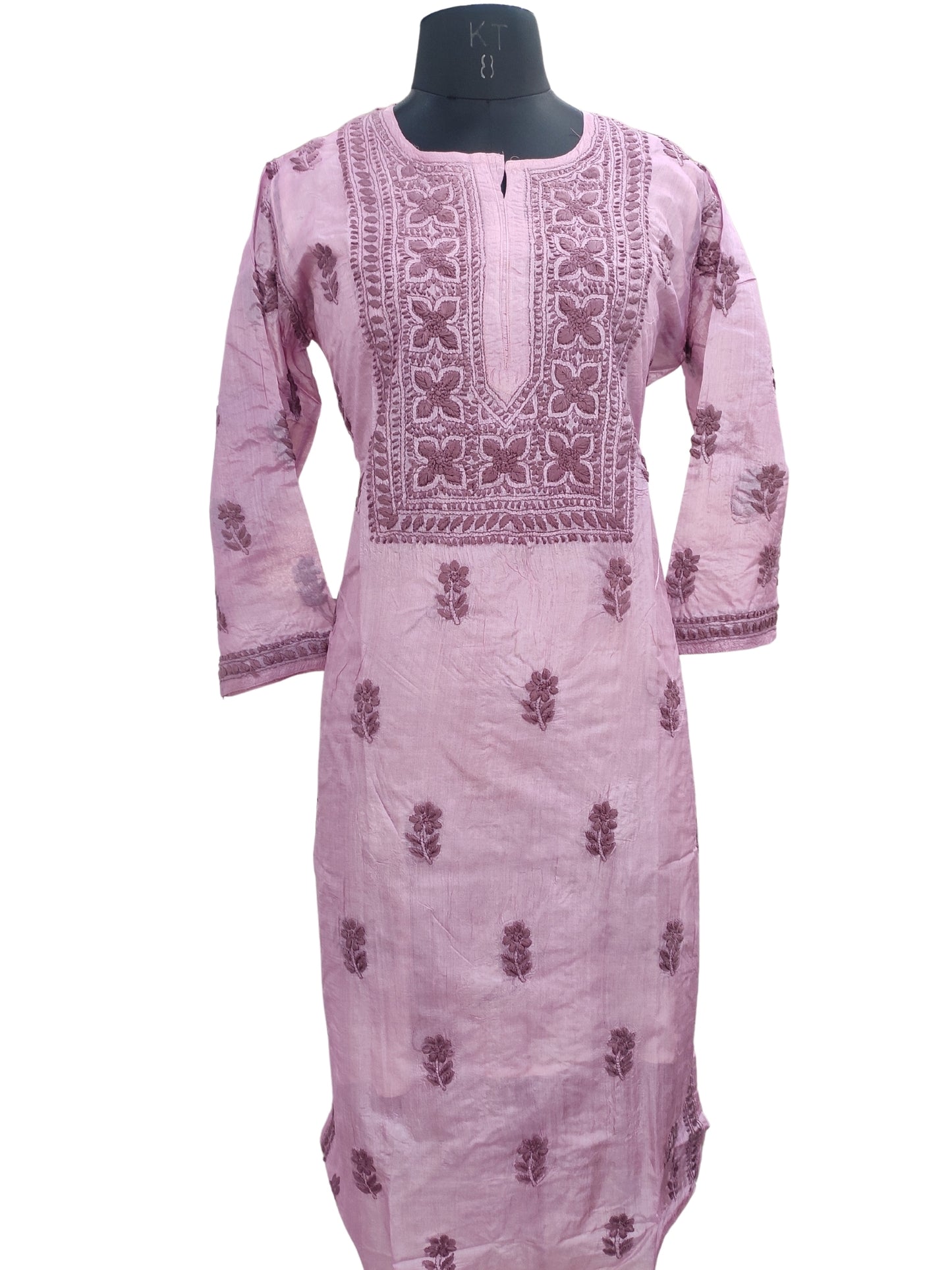 Shyamal Chikan Hand Embroidered Purple Pure Tusser Silk Lucknowi Chikankari Kurti- S24411