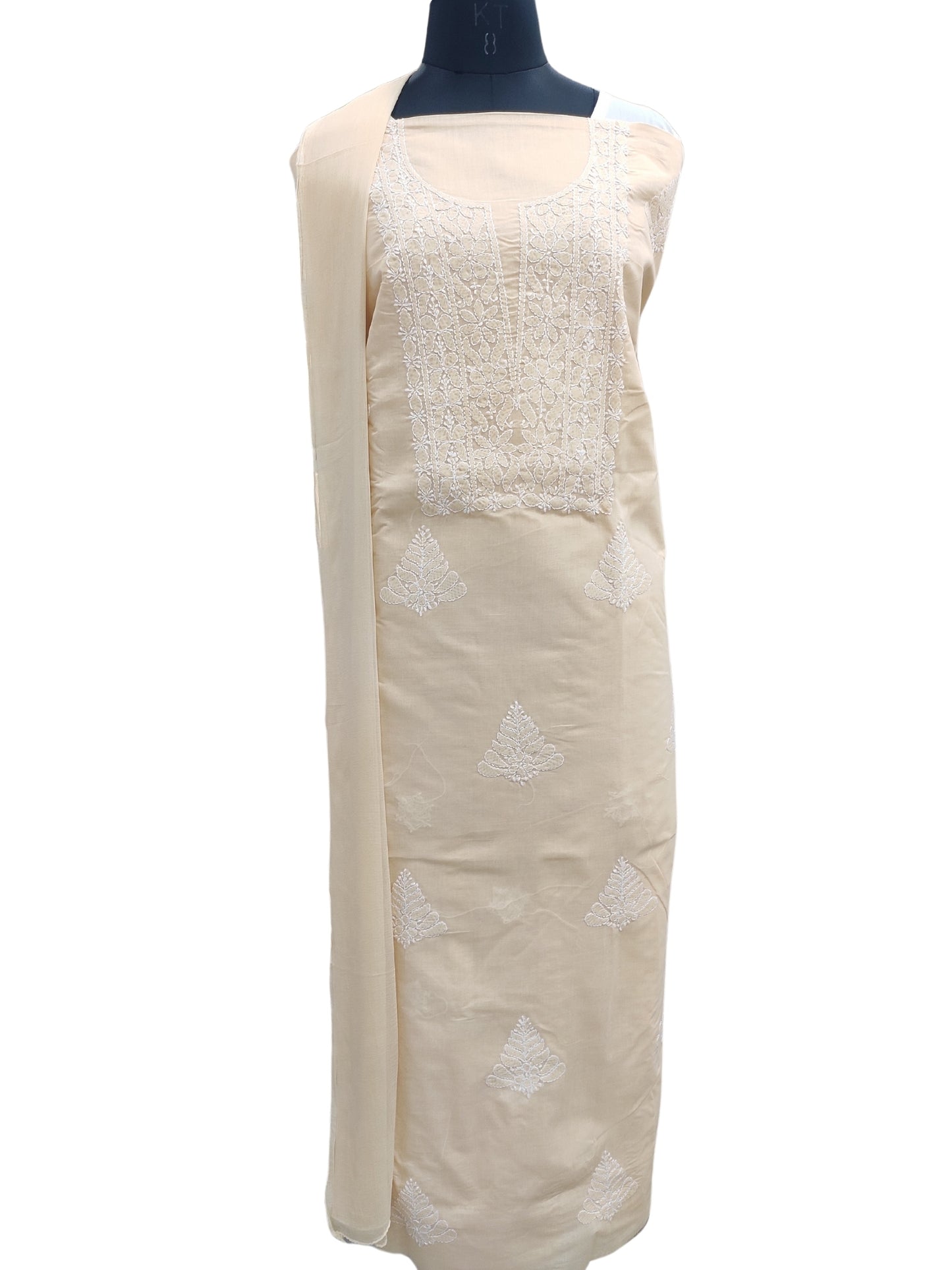 Shyamal Chikan Hand Embroidered Beige Cotton Lucknowi Chikankari Unstitched Suit Piece - S24759