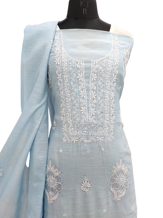 Shyamal Chikan Hand Embroidered Blue Slub Chanderi Lucknowi Chikankari Unstitched Suit Piece with Mukaish work ( Kurta Dupatta Set ) - S20996
