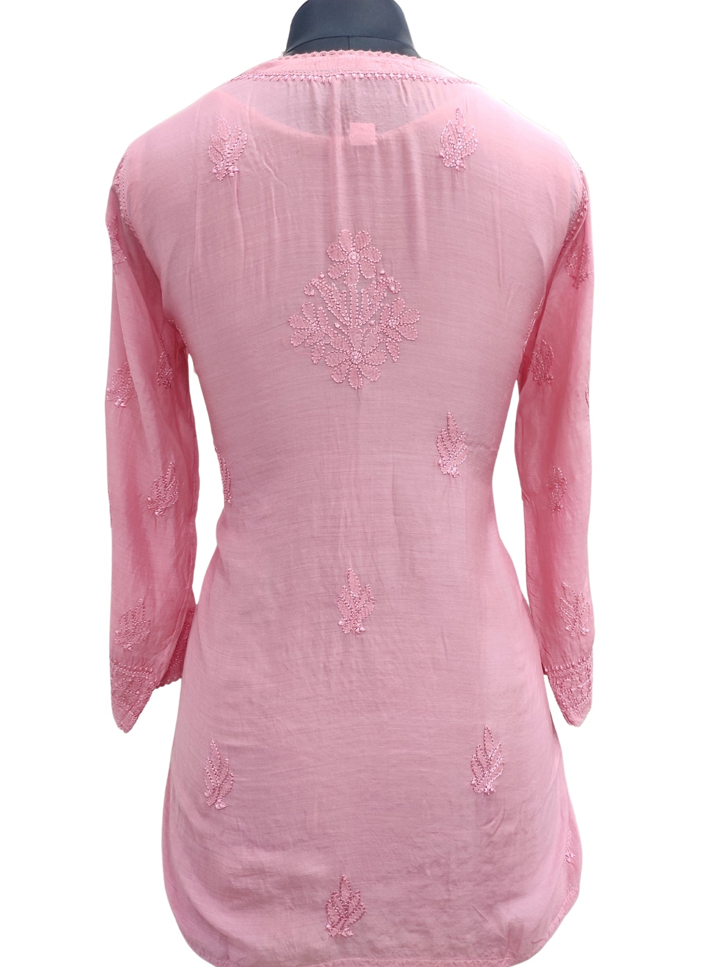 Shyamal Chikan Hand Embroidered Peach Muslin Lucknowi Chikankari Short Top - 23487