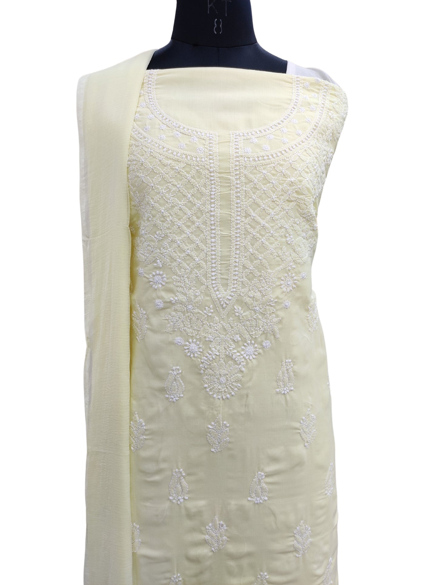 Shyamal Chikan Hand Embroidered Lemon Cotton Lucknowi Chikankari Unstitched Suit Piece - S25410