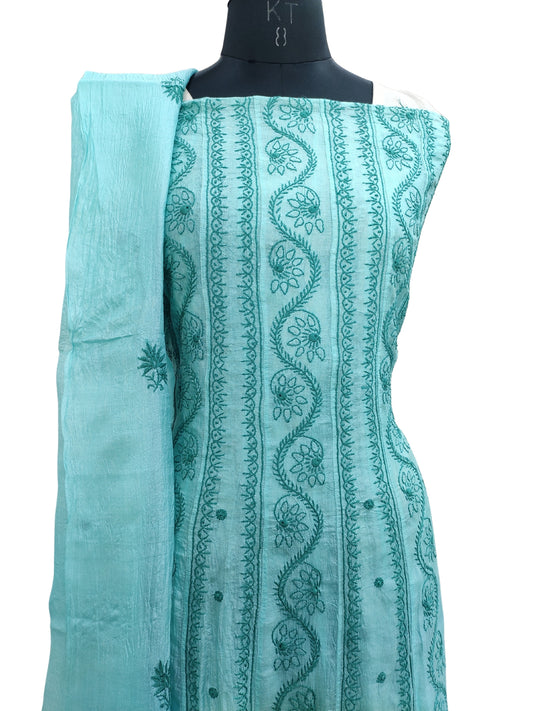 Shyamal Chikan Hand Embroidered Sea Green Pure Tusser Silk Lucknowi Chikankari Semi-Stitched Anarkali - S22010