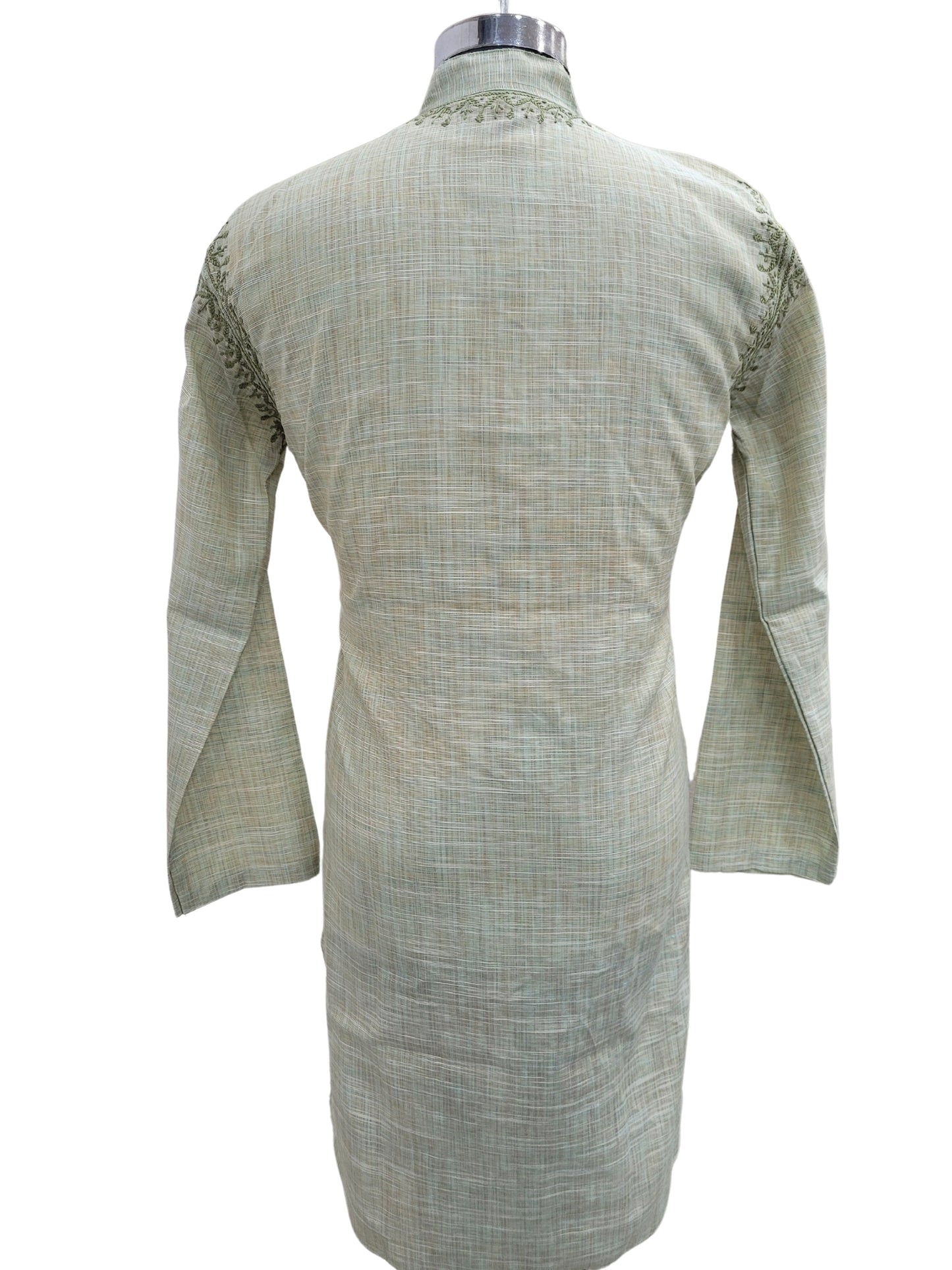 Shyamal Chikan Hand Embroidered Green Cotton Lucknowi Chikankari Men's Kurta - S25177