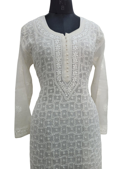 Shyamal Chikan Hand Embroidered White Mul Chanderi Lucknowi Chikankari Kurti - S24883