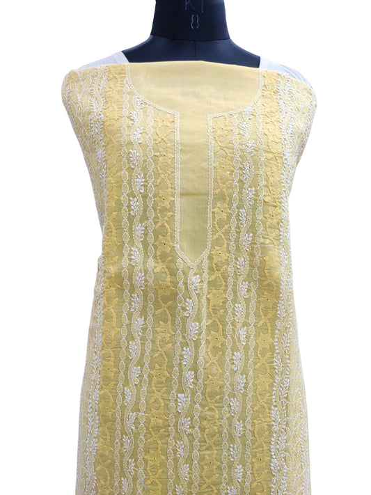 Shyamal Chikan Hand Embroidered Yellow Cotton Lucknowi Chikankari Unstitched Kurta Piece With Daraz Work - S21526