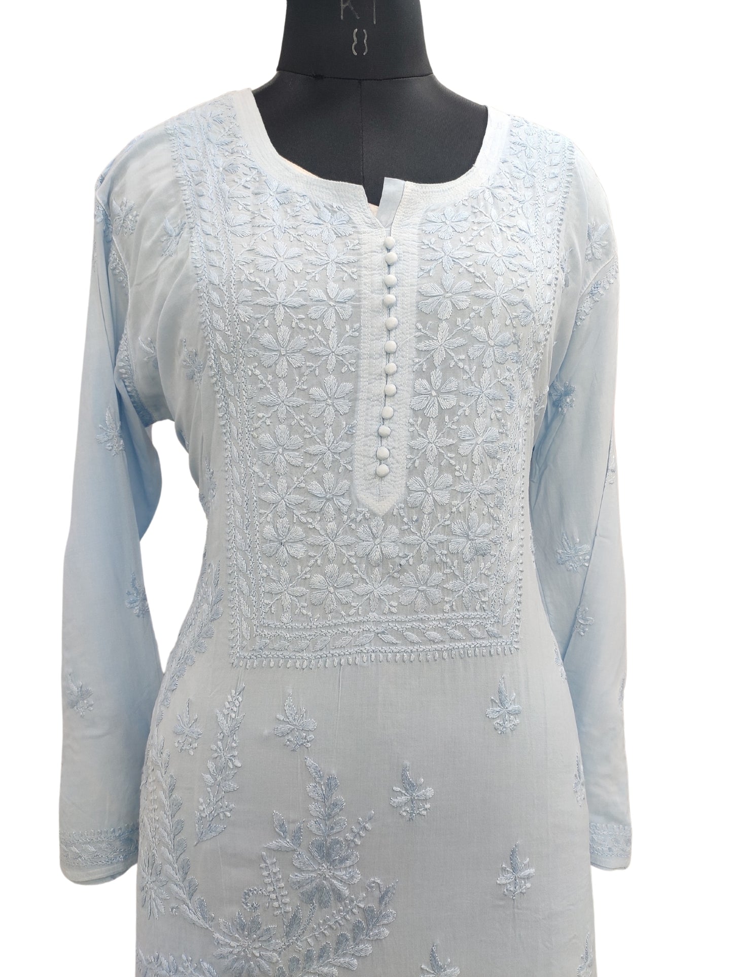 Shyamal Chikan Hand Embroidered Blue Modal Cotton Lucknowi Chikankari Kurti - 23018