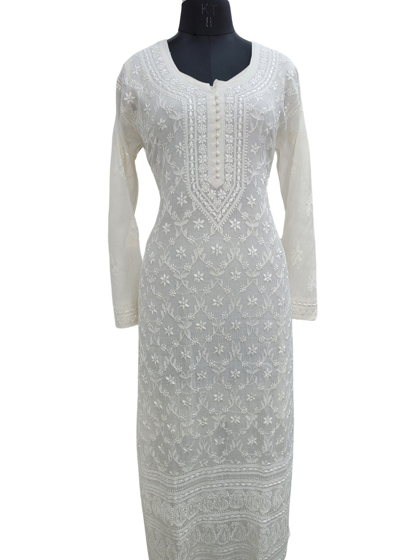 Shyamal Chikan Hand Embroidered White Mul Chanderi Lucknowi Chikankari Kurti - S24708