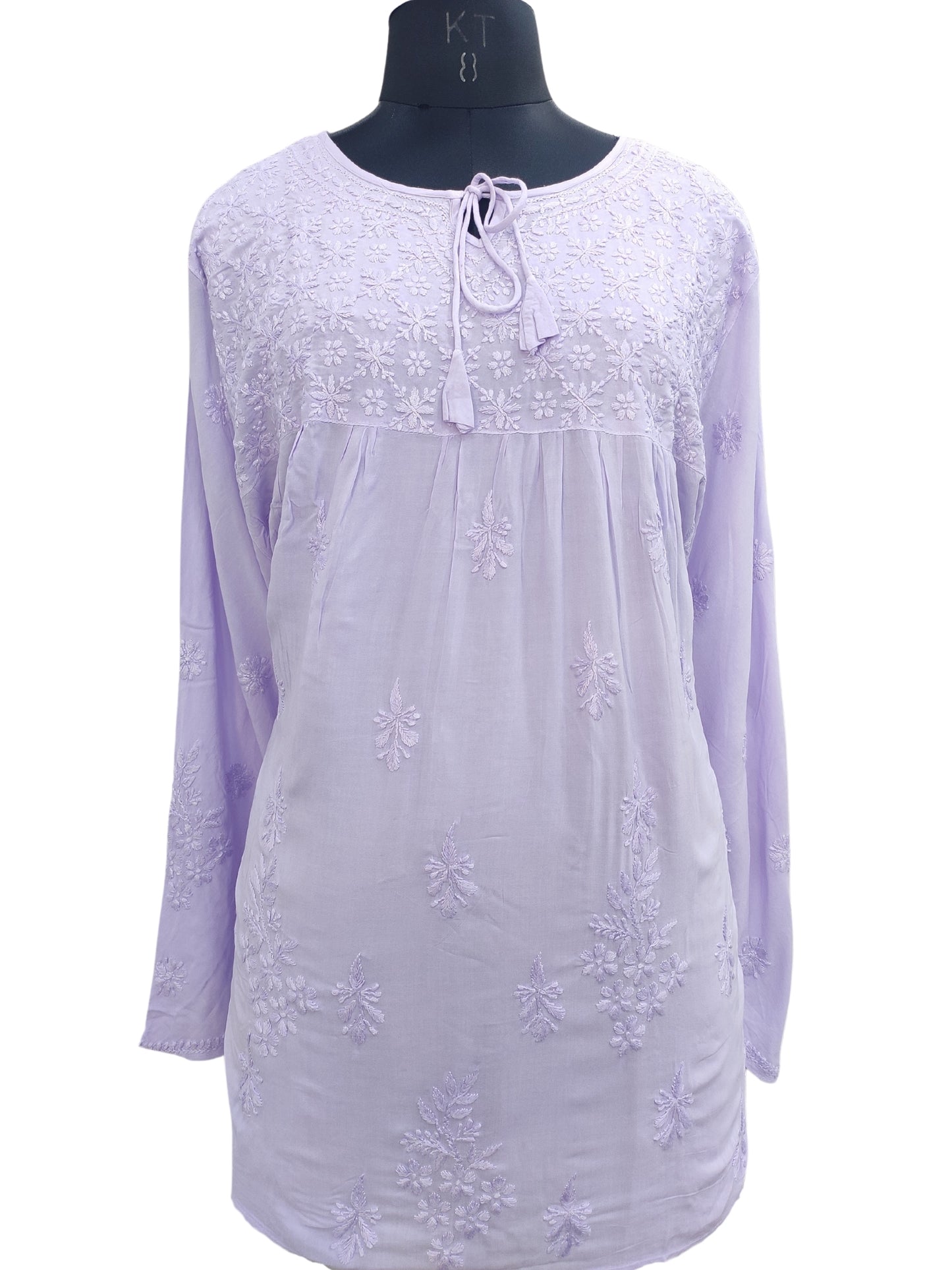 Shyamal Chikan Hand Embroidered Lavender Modal Lucknowi Chikankari Kaftan Short Top- S22820