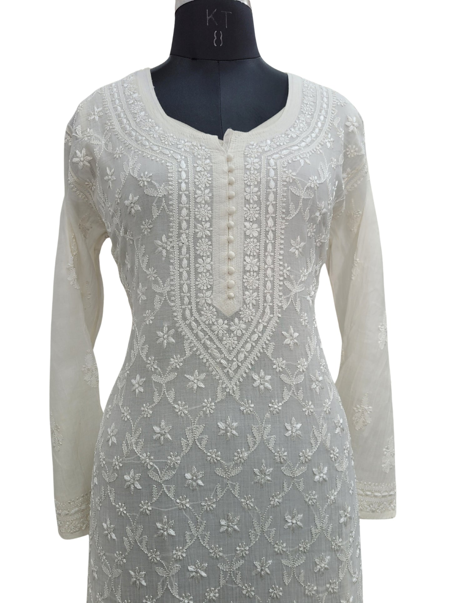 Shyamal Chikan Hand Embroidered White Mul Chanderi Lucknowi Chikankari Kurti - S24708