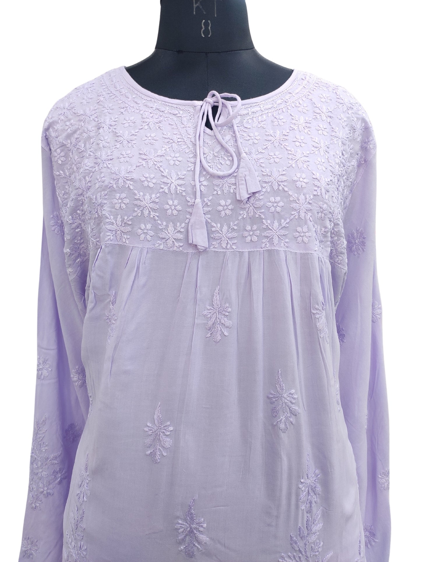 Shyamal Chikan Hand Embroidered Lavender Modal Lucknowi Chikankari Kaftan Short Top- S22820