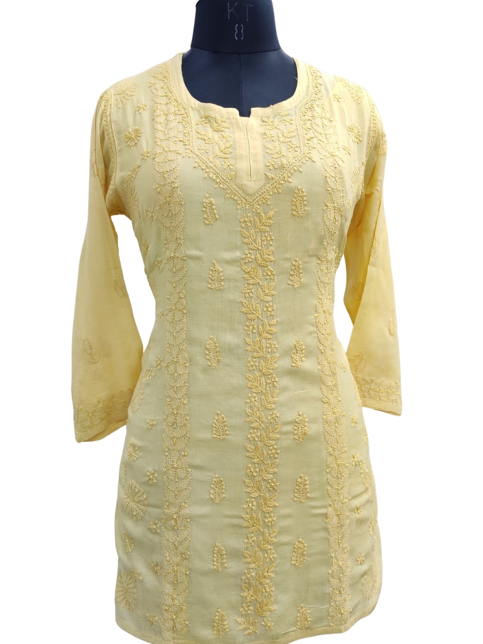 Shyamal Chikan Hand Embroidered Greenish Yellow Pure Cotton Lucknowi Chikankari Short Top- S22947