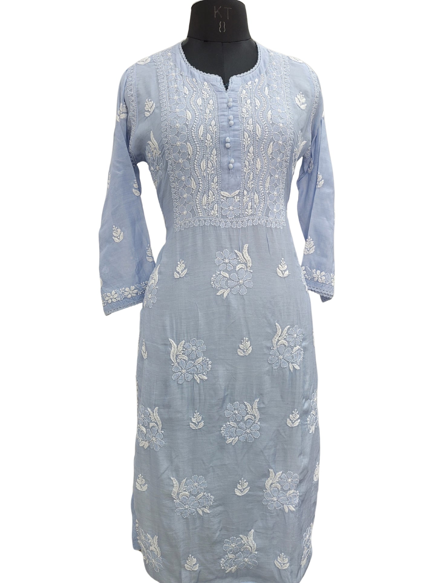 Shyamal Chikan Hand Embroidered Blue Muslin Lucknowi Chikankari Kurti - S24073