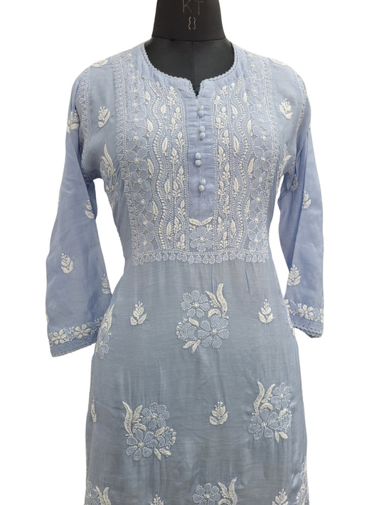 Shyamal Chikan Hand Embroidered Blue Muslin Lucknowi Chikankari Kurti - S24073