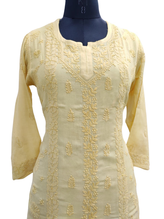 Shyamal Chikan Hand Embroidered Greenish Yellow Pure Cotton Lucknowi Chikankari Short Top- S22947