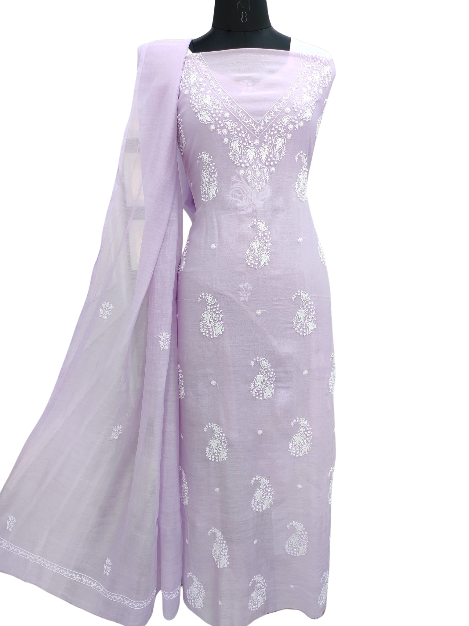 Shyamal Chikan Hand Embroidered Purple Mul Chanderi Lucknowi Chikankari Unstitched Suit Piece (Kurta Dupatta Set) - S22857