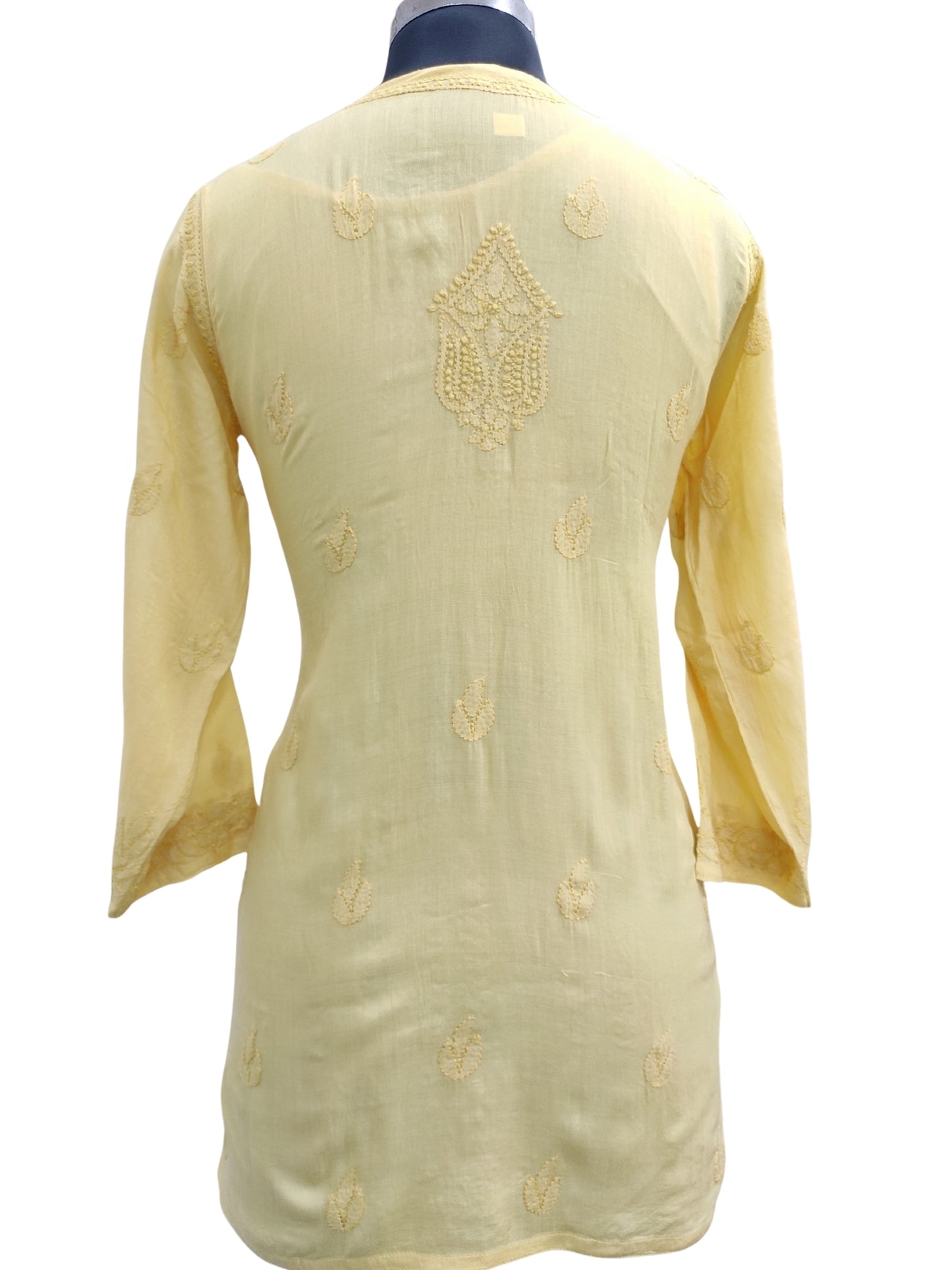 Shyamal Chikan Hand Embroidered Greenish Yellow Pure Cotton Lucknowi Chikankari Short Top- S22947