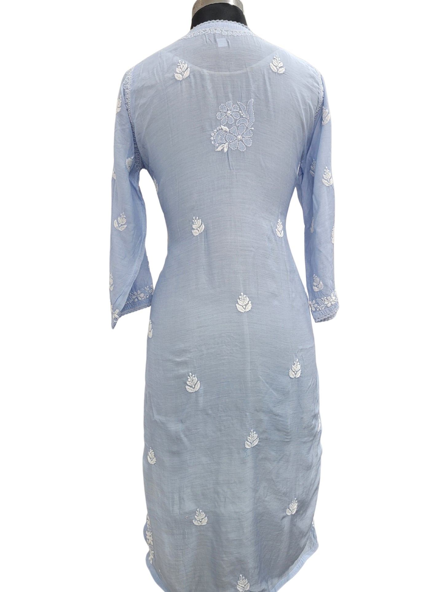 Shyamal Chikan Hand Embroidered Blue Muslin Lucknowi Chikankari Kurti - S24073