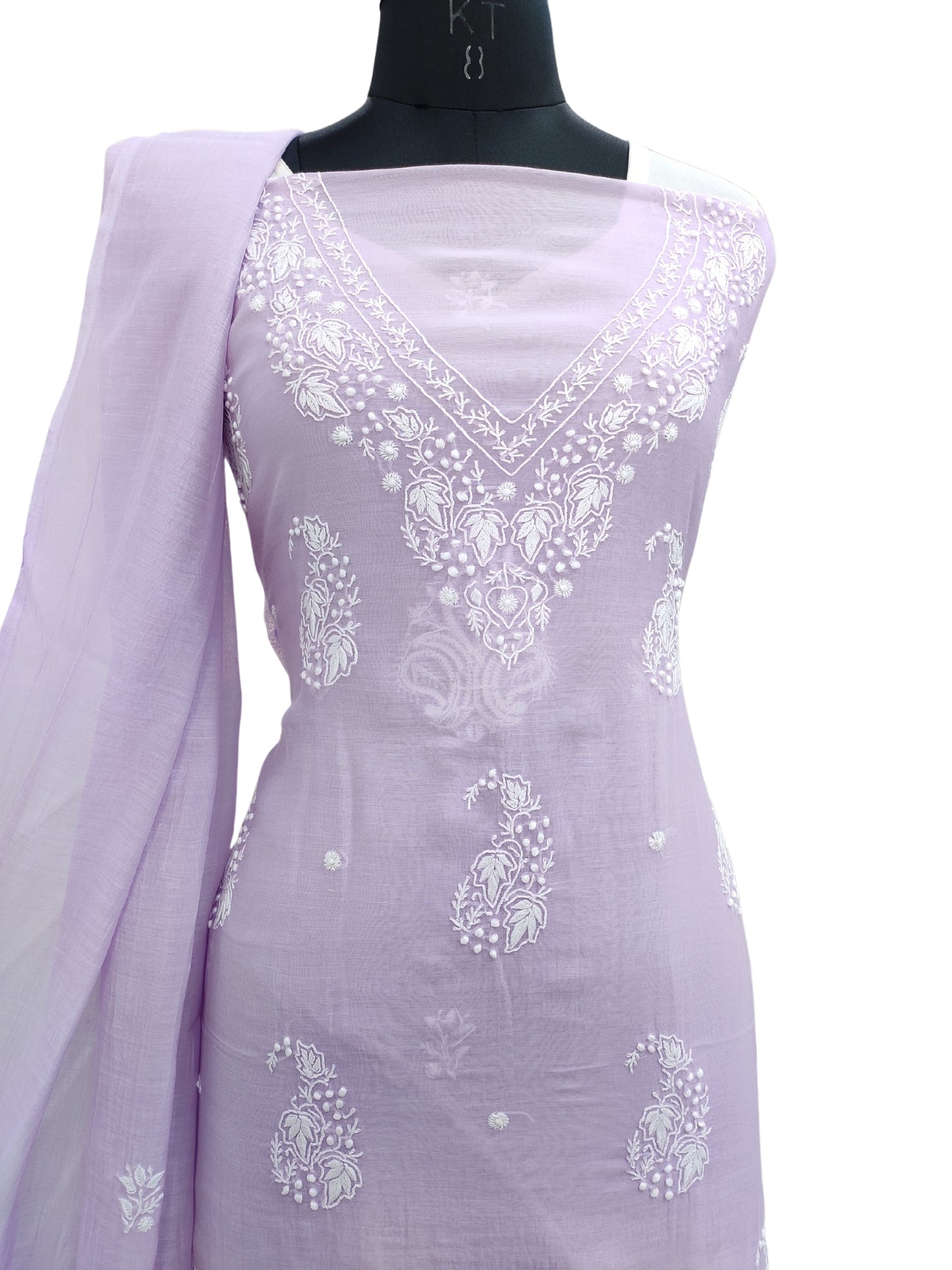 Shyamal Chikan Hand Embroidered Purple Mul Chanderi Lucknowi Chikankari Unstitched Suit Piece (Kurta Dupatta Set) - S22857