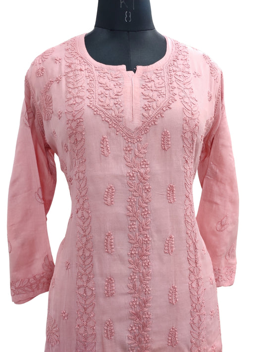 Shyamal Chikan Hand Embroidered Red Pure Cotton Lucknowi Chikankari Short Top- S22933