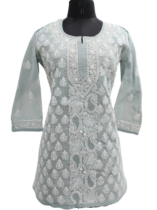 Shyamal Chikan Hand Embroidered Grey Cotton Lucknowi Chikankari Short Top With Jaali Work- S21764