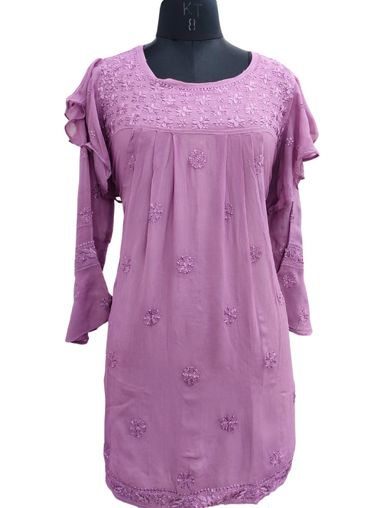 Shyamal Chikan Hand Embroidered Purple Viscose Georgette Lucknowi Chikankari Short Top S23270