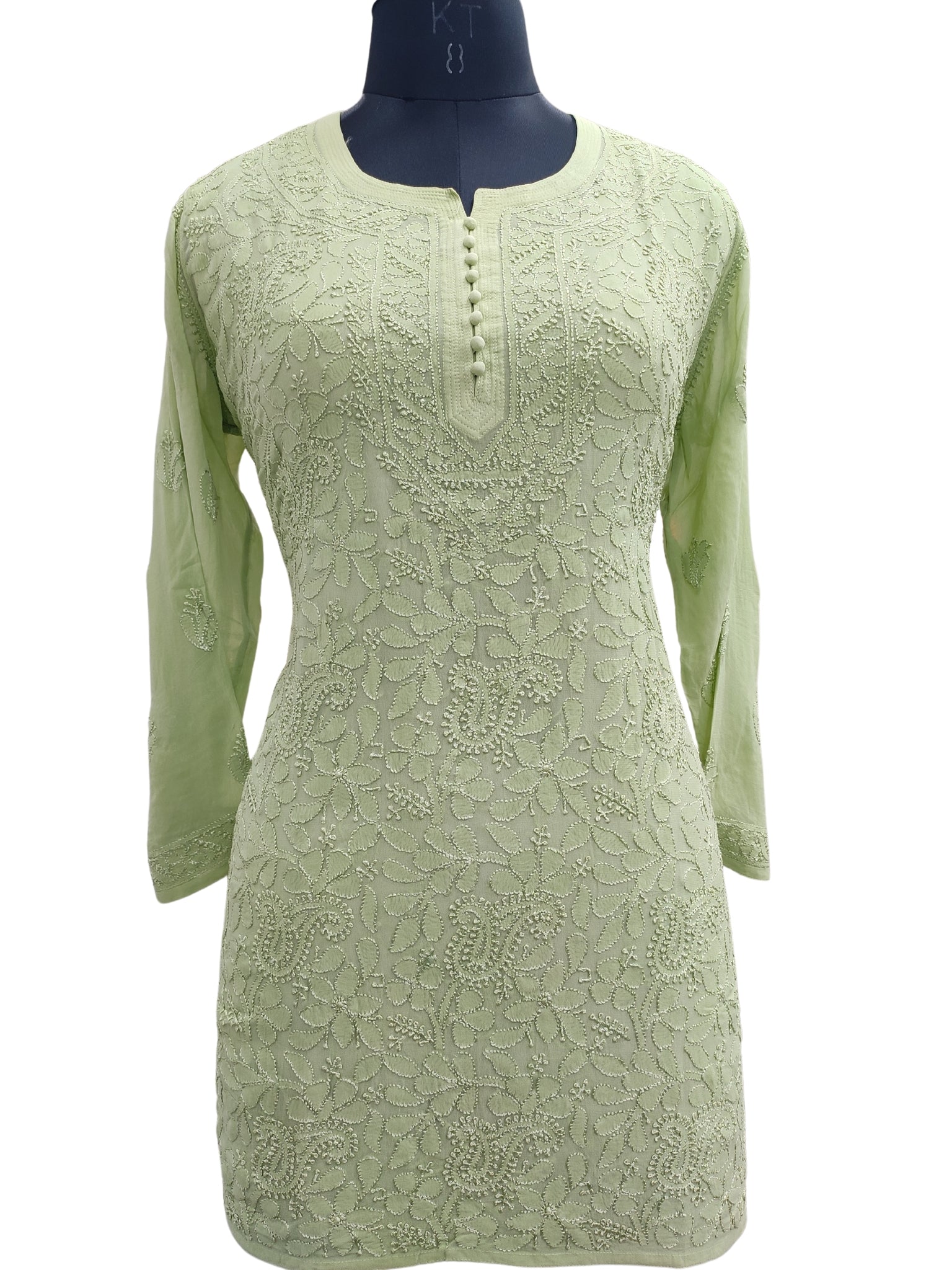 Shyamal Chikan Hand Embroidered Green Viscose Georgette Lucknowi Chikankari Short Top 23574