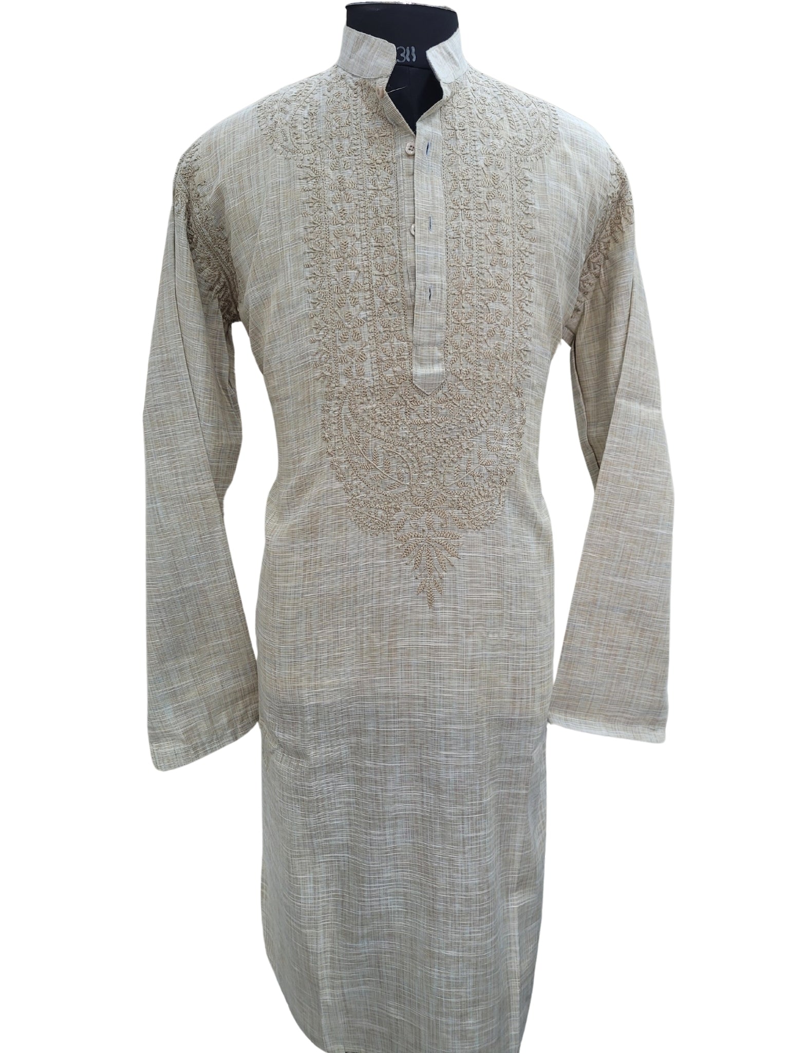 Shyamal Chikan Hand Embroidered Beige Cotton Lucknowi Chikankari Men's Kurta - S25176