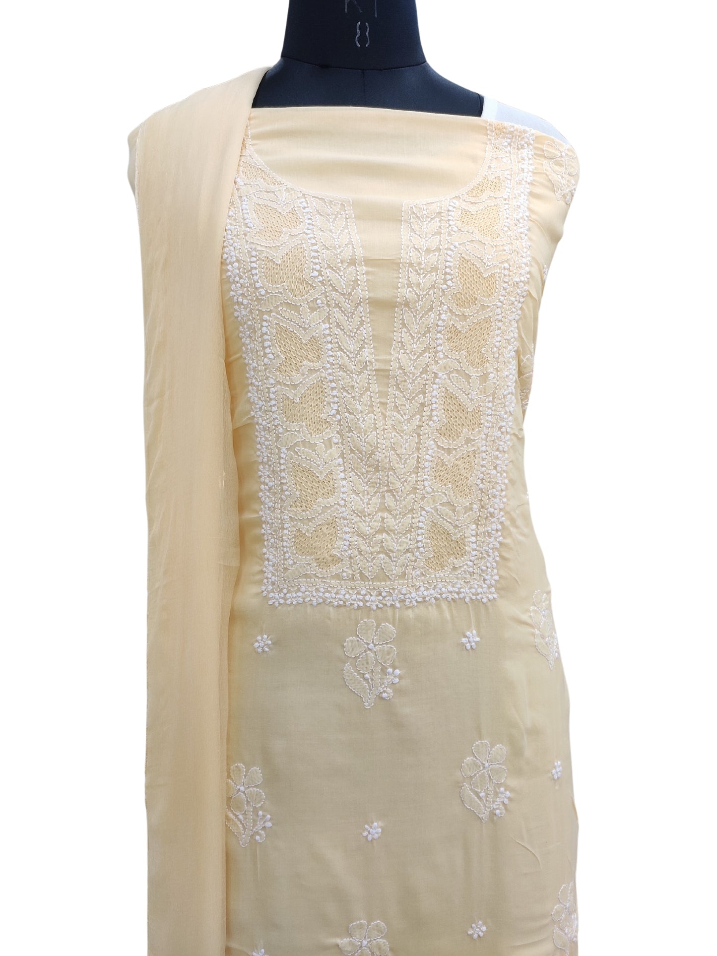 Shyamal Chikan Hand Embroidered Yellow Cotton Lucknowi Chikankari Unstitched Suit Piece - S25273