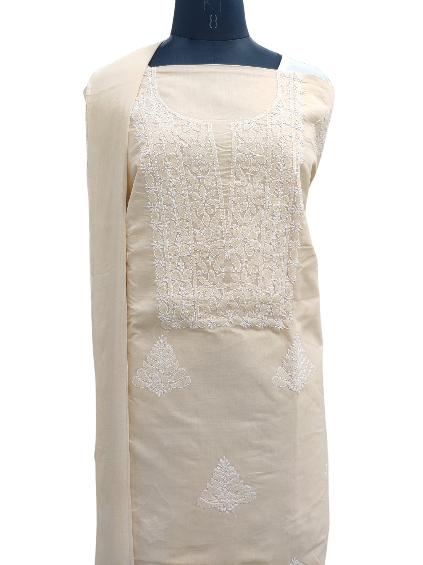 Shyamal Chikan Hand Embroidered Beige Cotton Lucknowi Chikankari Unstitched Suit Piece - S24759