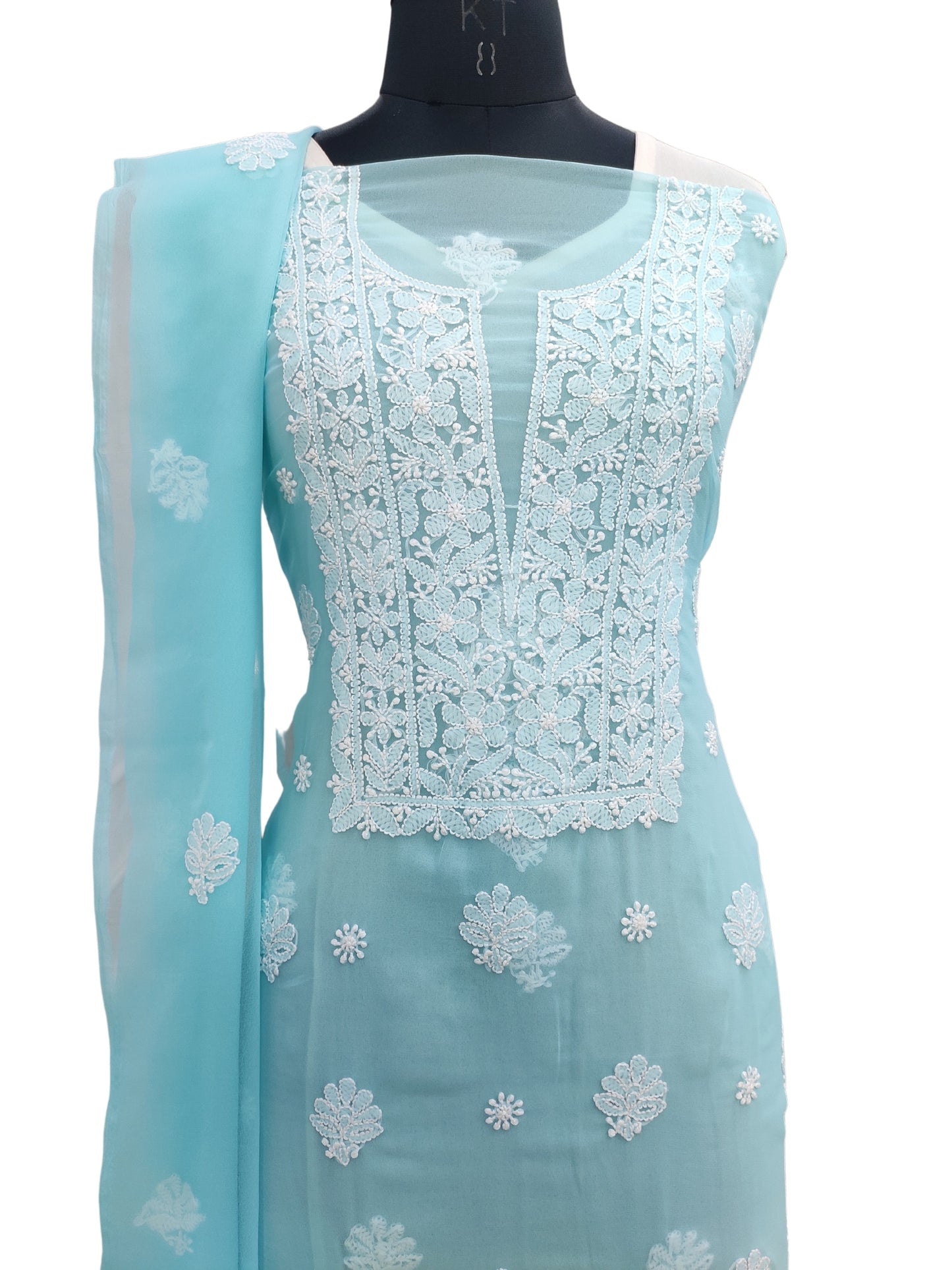 Shyamal Chikan Hand Embroidered Blue Georgette Lucknowi Chikankari Unstitched Suit Piece - 24028